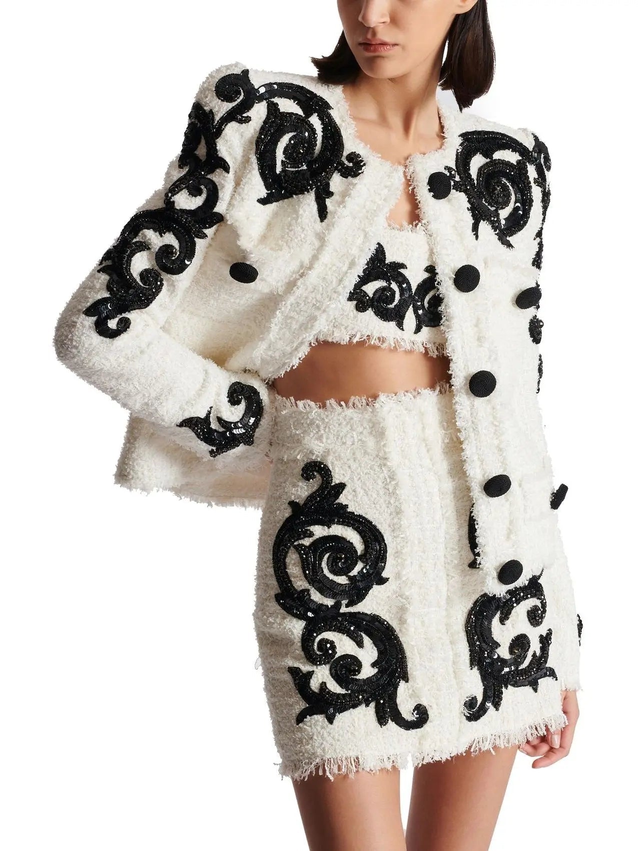 Black and White Paisley Tweed Jacket with Sequin Embroidery - Jackets