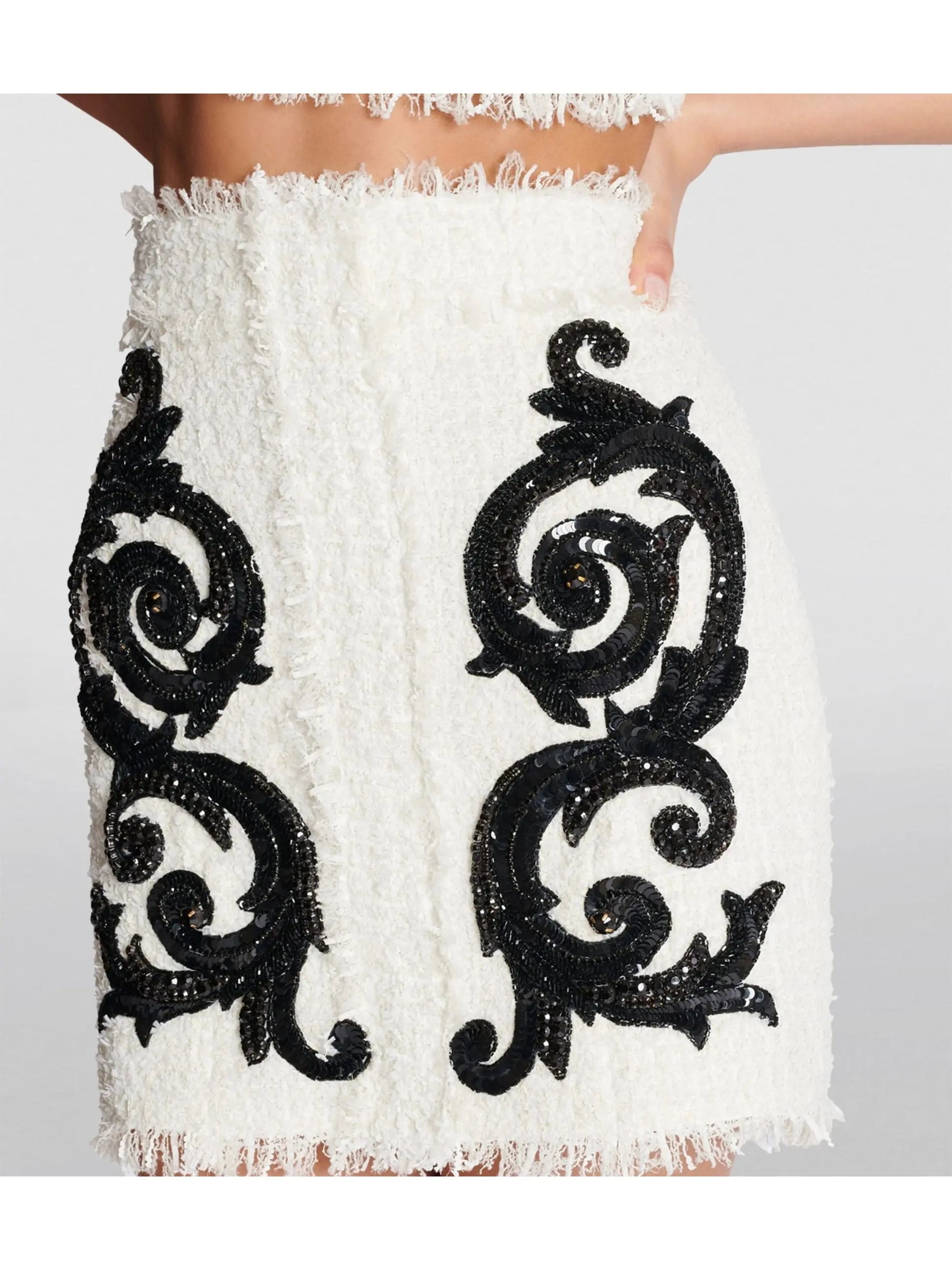 Black and White Paisley Tweed Skirt with Sequin Embroidery - Skirts