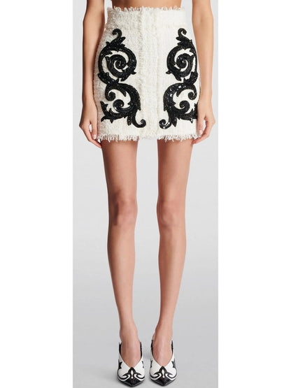 Black and White Paisley Tweed Skirt with Sequin Embroidery - small - Skirts