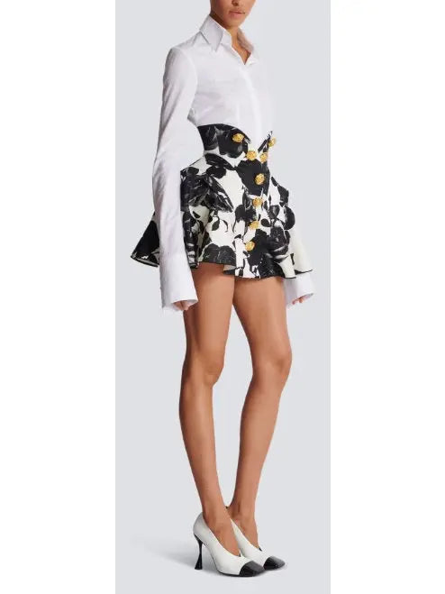 Black and White Roses Short Tulip Skirt - Skirts