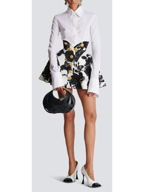 Black and White Roses Short Tulip Skirt - Skirts