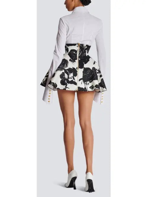 Black and White Roses Short Tulip Skirt - Skirts