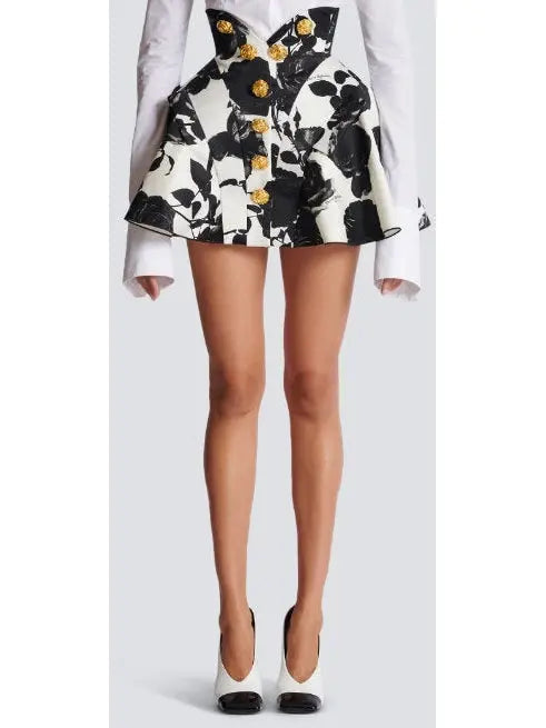 Black and White Roses Short Tulip Skirt - small - Skirts