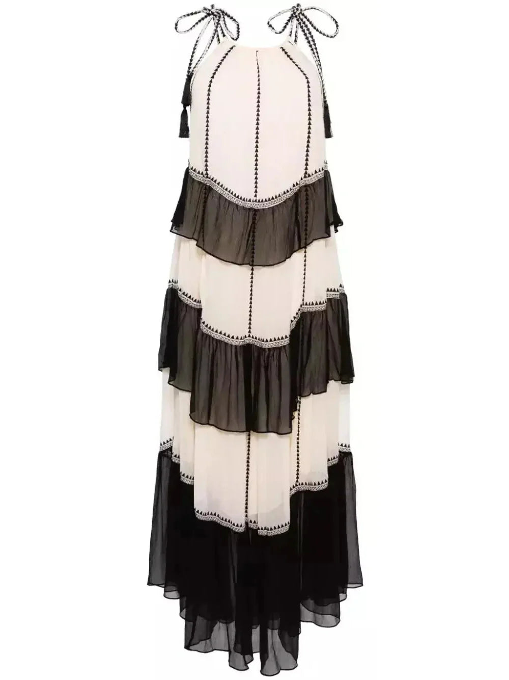 Black and White Ruffled Silk Halter-Neck Midi Dress - Dresses