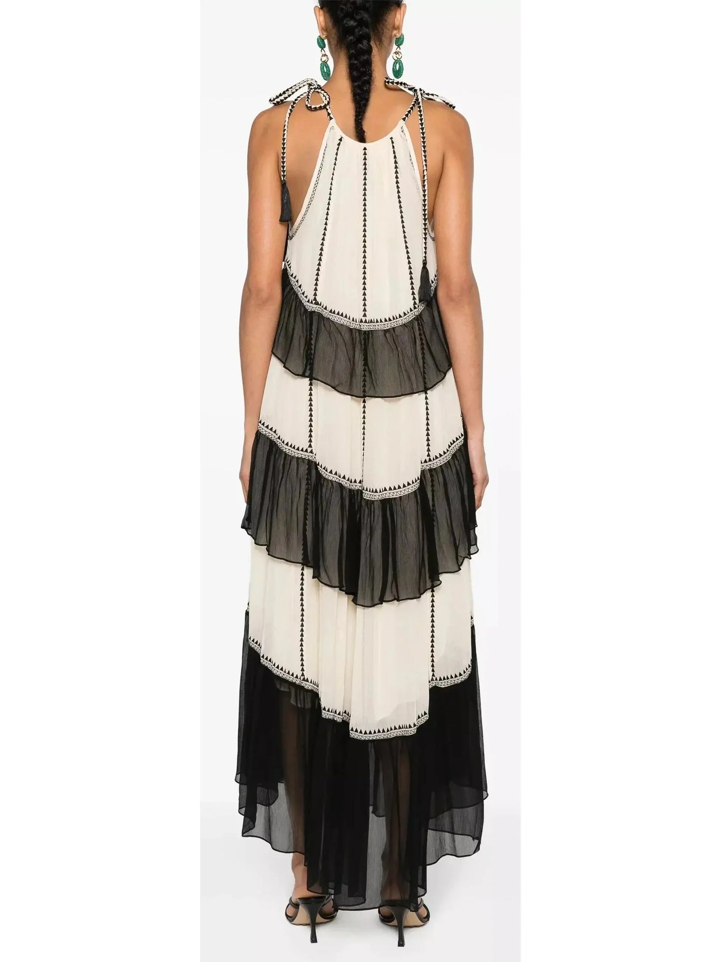 Black and White Ruffled Silk Halter-Neck Midi Dress - Dresses