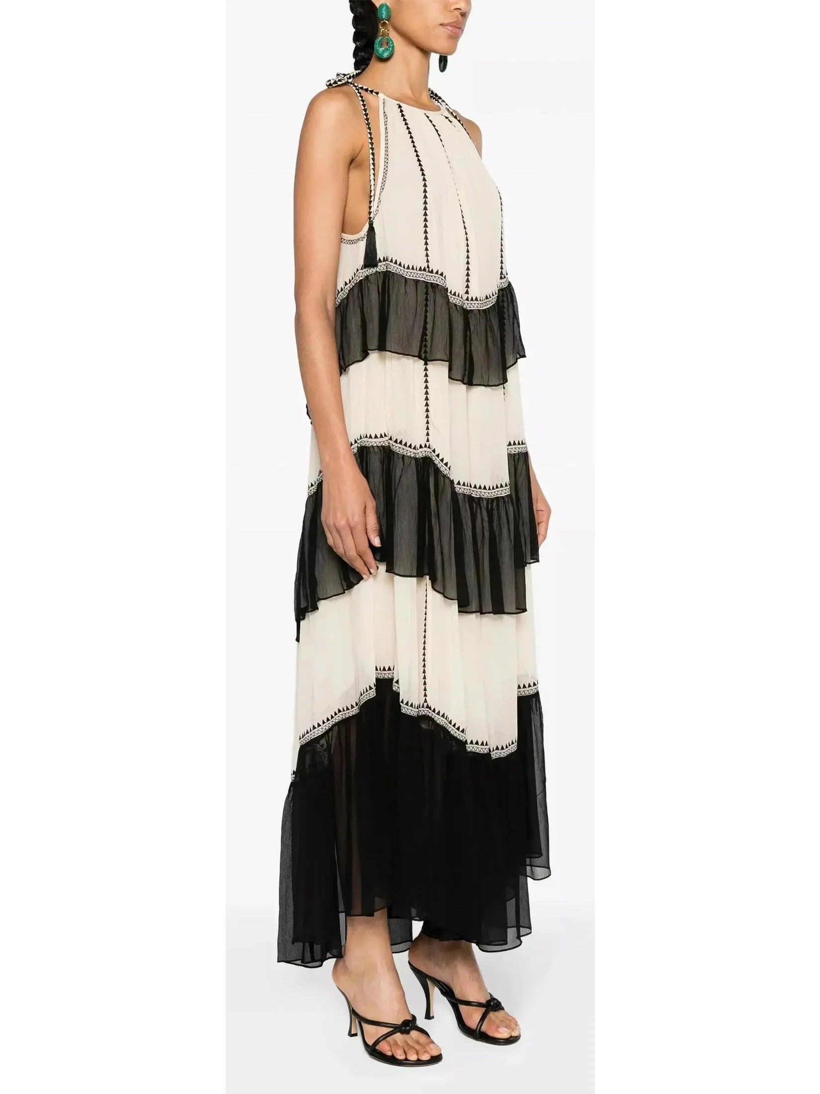 Black and White Ruffled Silk Halter-Neck Midi Dress - Dresses