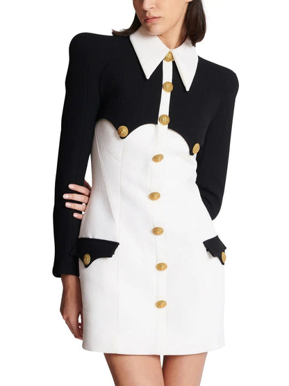 Black and White Short Buttoned Crepe Dress - Dresses