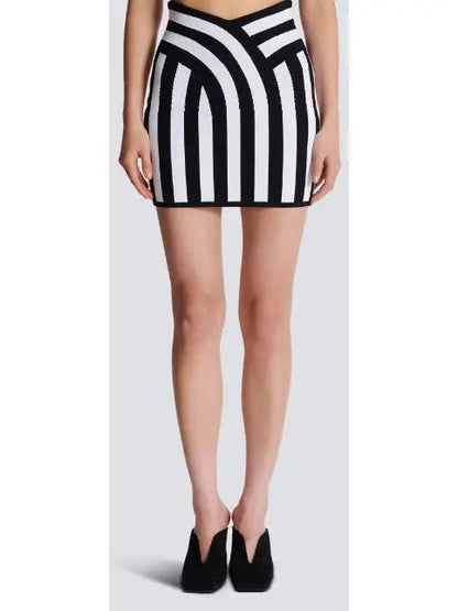 Black and White Short Striped Knit Skirt - Skirts