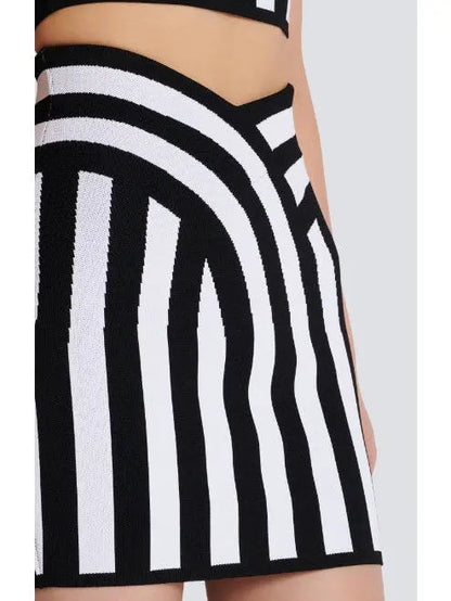 Black and White Short Striped Knit Skirt - Skirts