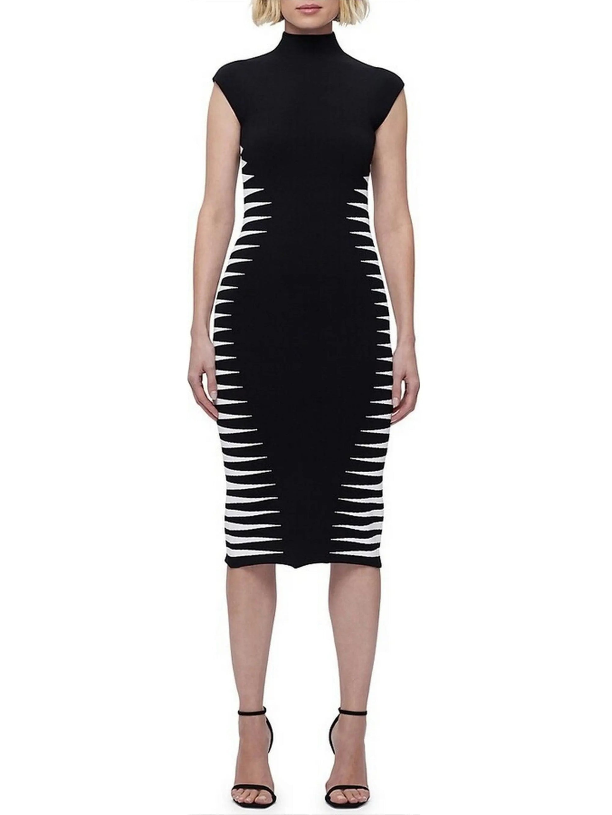 Black and White Side-Stripe Mock-Neck Midi Dress - Dresses