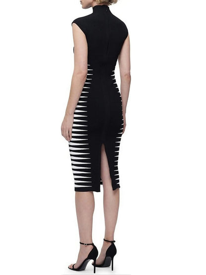 Black and White Side-Stripe Mock-Neck Midi Dress - Dresses