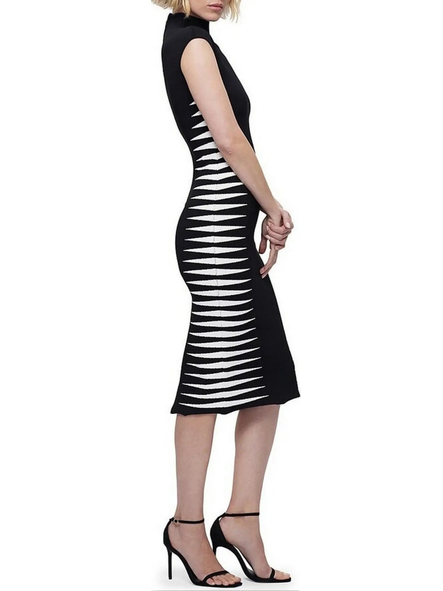 Black and White Side-Stripe Mock-Neck Midi Dress - Dresses