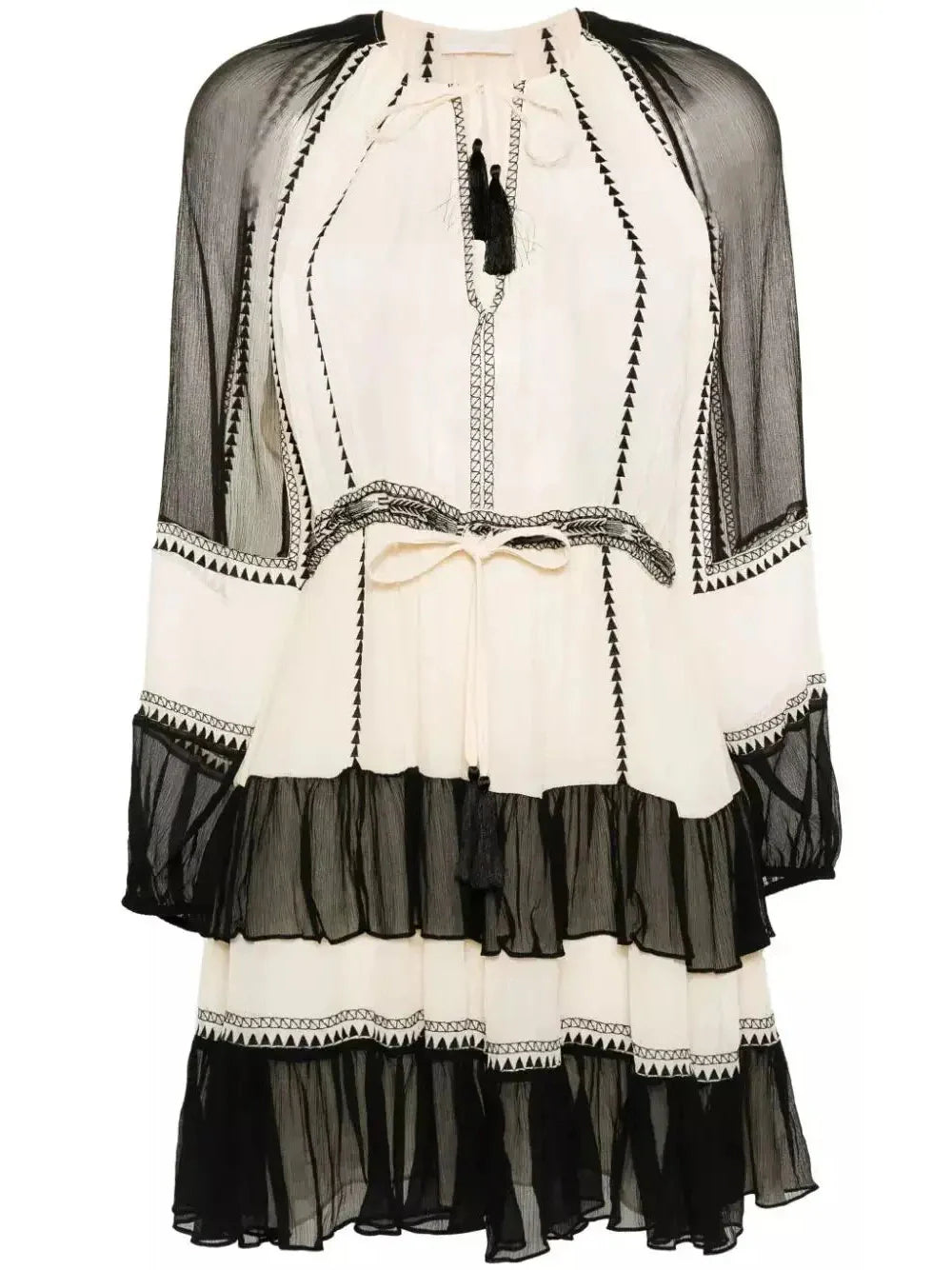 Black and White Silk Tiered Mini Dress - Dresses