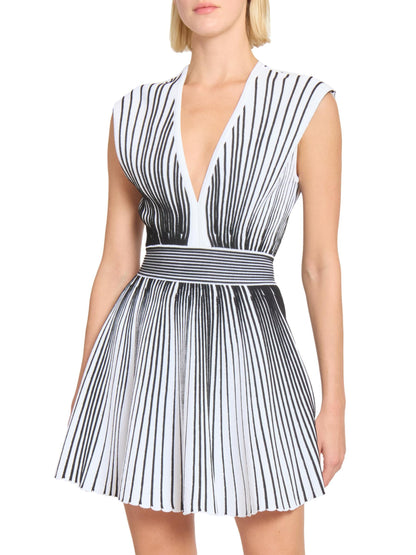 Black and White Sleeveless V-Neck Mini Dress - Dresses