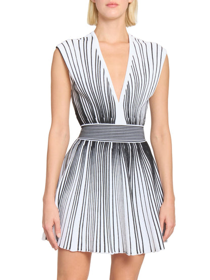 Black and White Sleeveless V-Neck Mini Dress - Dresses