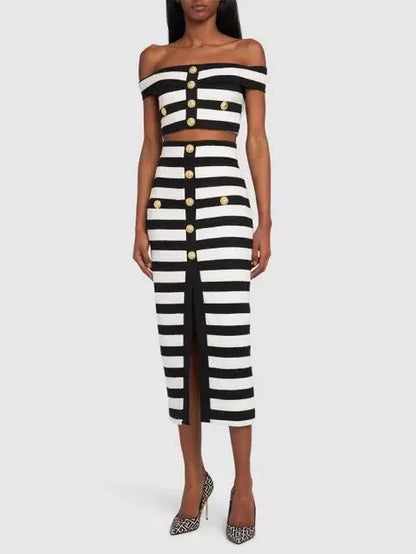 Black and White Striped Off-Shoulder Crop Top and Skirt Set - Suits & Sets