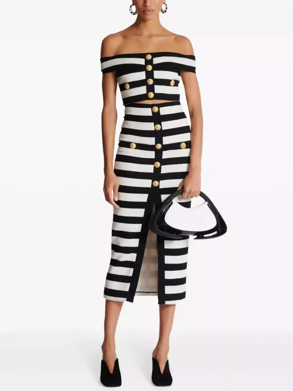 Black and White Striped Off-Shoulder Crop Top and Skirt Set - Suits & Sets