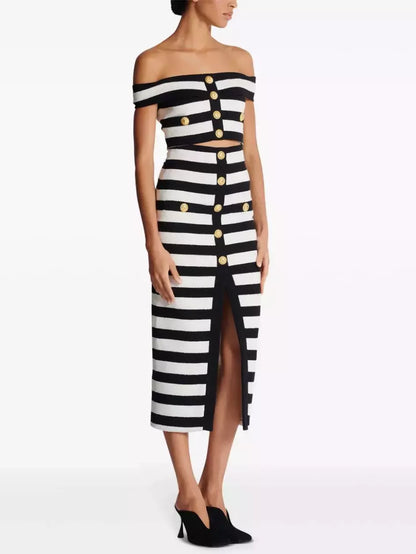 Black and White Striped Off-Shoulder Crop Top and Skirt Set - Suits & Sets