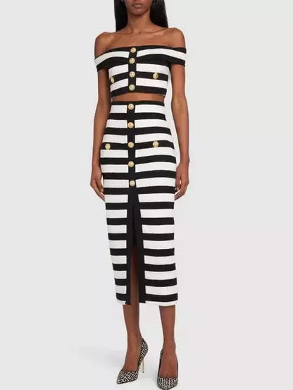 Black and White Striped Off-Shoulder Crop Top and Skirt Set - Suits & Sets