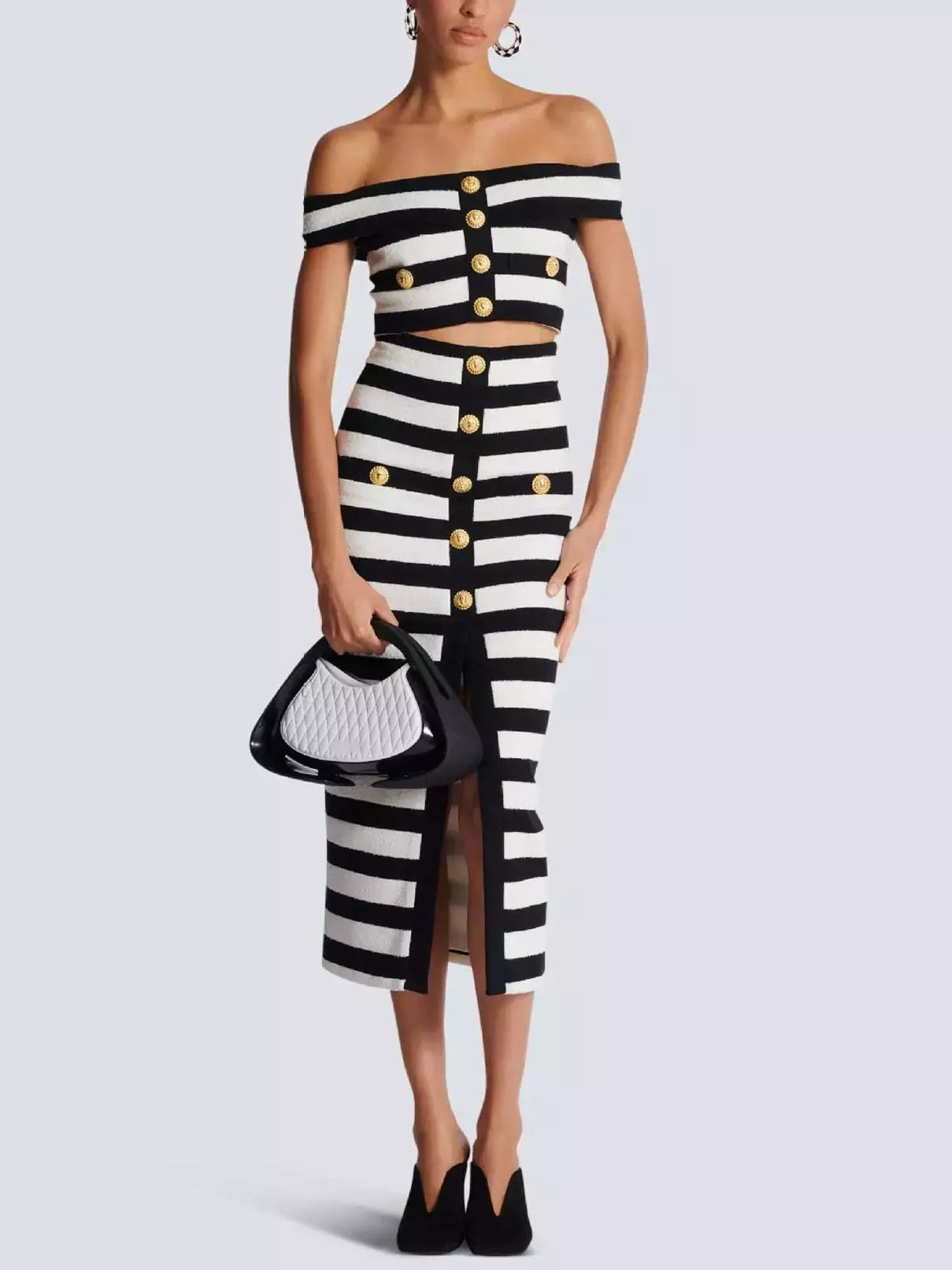 Black and White Striped Off-Shoulder Crop Top and Skirt Set - Suits & Sets