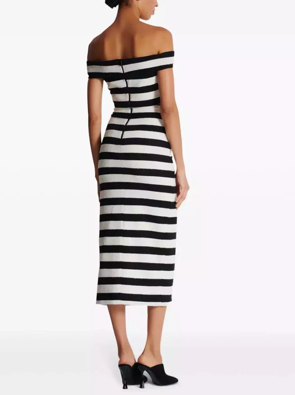 Black and White Striped Off-Shoulder Crop Top and Skirt Set - Suits & Sets