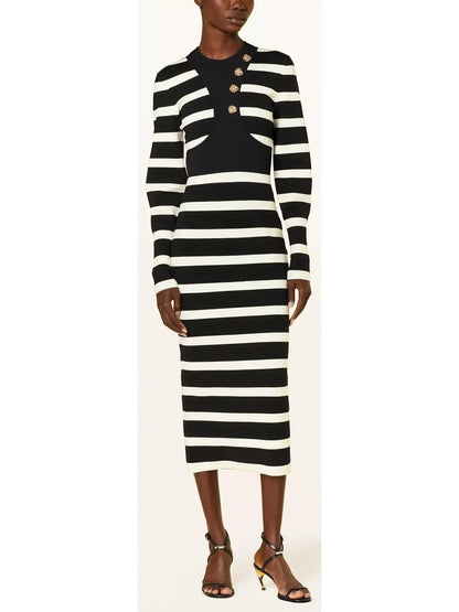 Black and White Striped Wool-Blend Midi Dress - Dresses