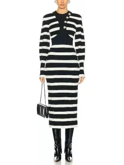 Black and White Striped Wool-Blend Midi Dress - Dresses