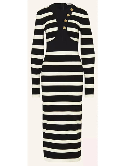 Black and White Striped Wool-Blend Midi Dress - Dresses