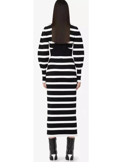 Black and White Striped Wool-Blend Midi Dress - Dresses