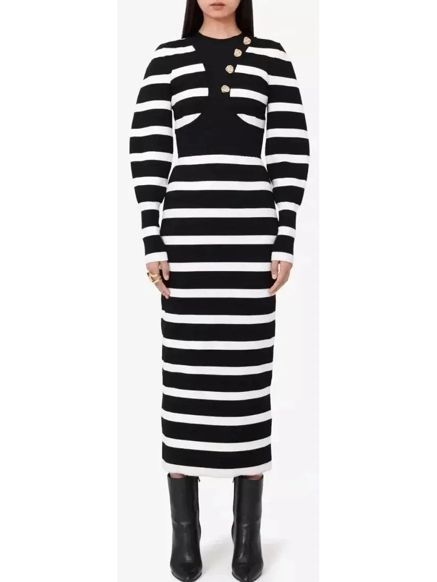 Black and White Striped Wool-Blend Midi Dress - small - Dresses