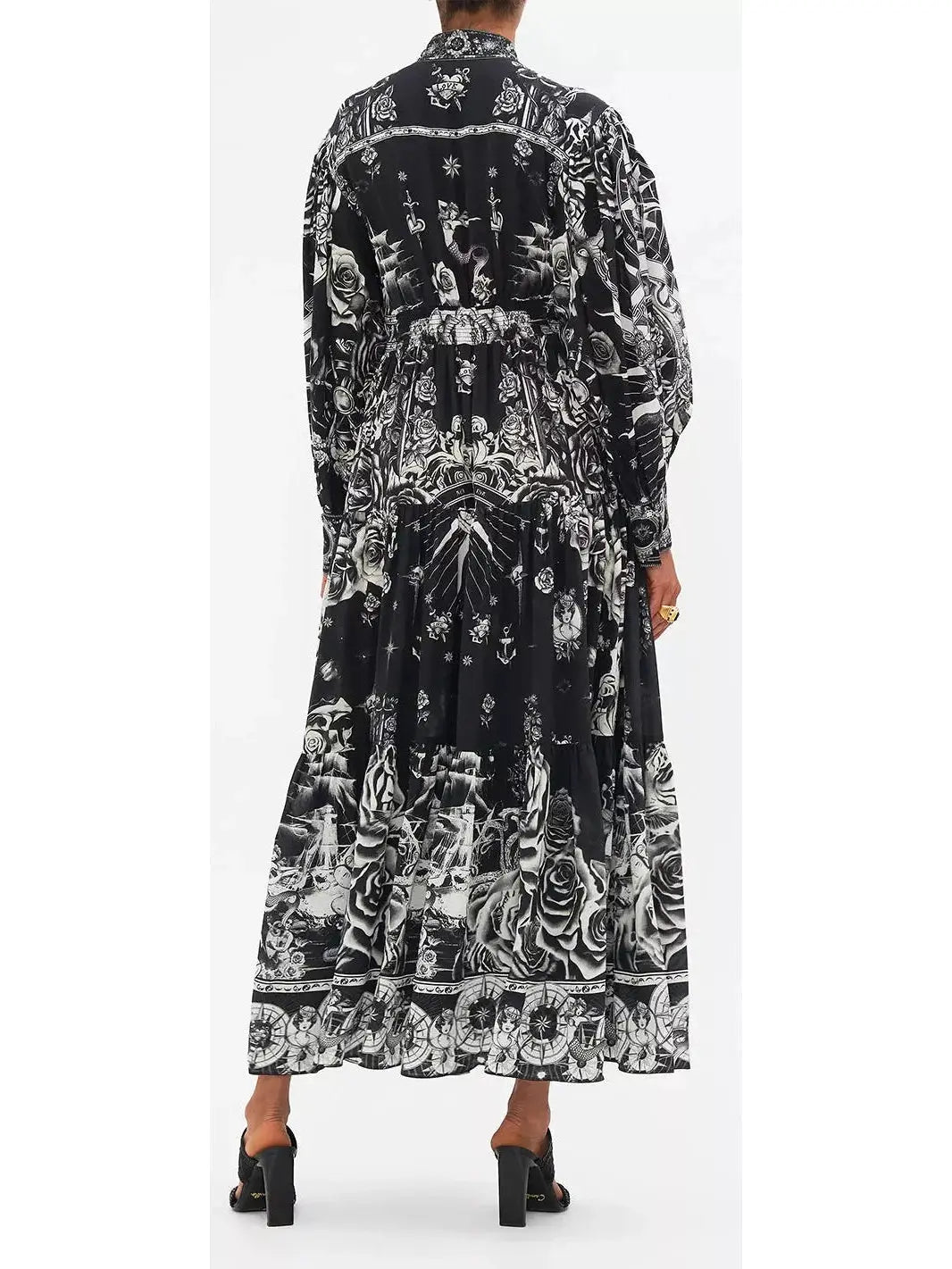 Black and White Tattoo Printed Silk Midi Dress - Dresses