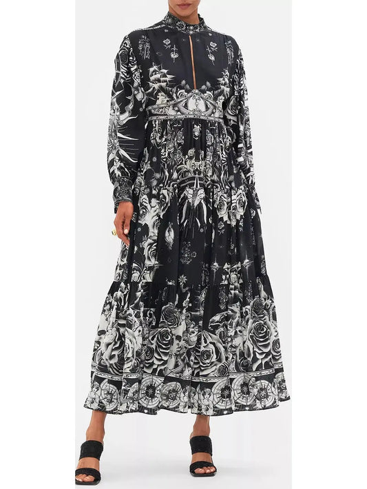 Black and White Tattoo Printed Silk Midi Dress - Dresses