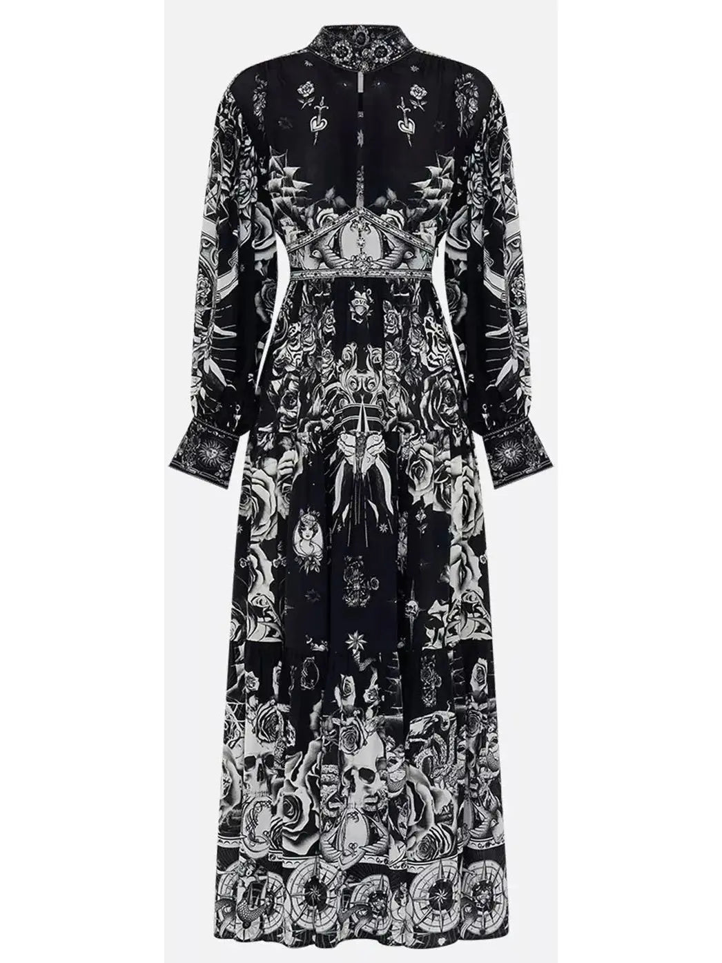 Black and White Tattoo Printed Silk Midi Dress - Dresses