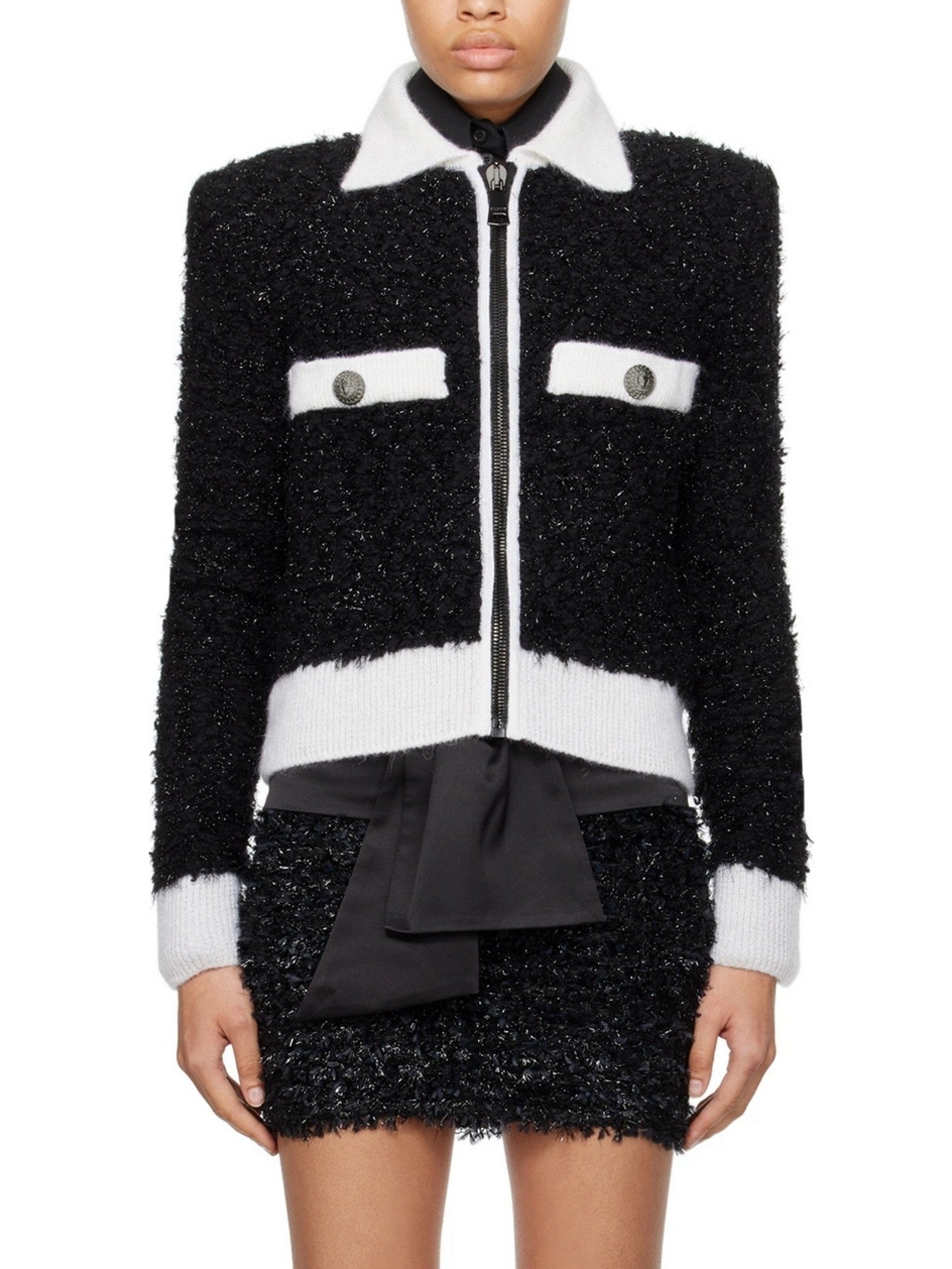 Black and White Tweed Textured Jacket with Zip Closure - Jackets