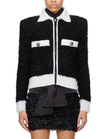 Black and White Tweed Textured Jacket with Zip Closure - Jackets