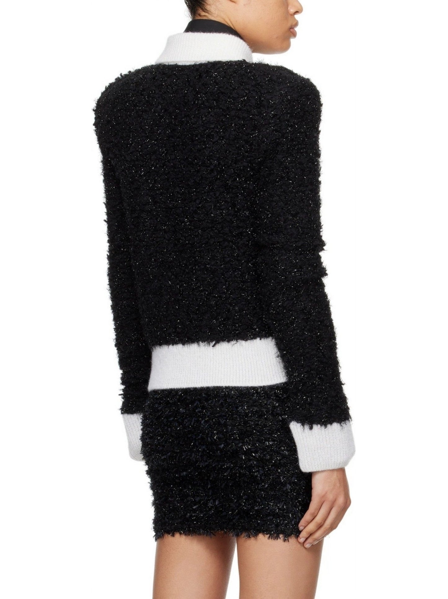 Black and White Tweed Textured Jacket with Zip Closure - Jackets