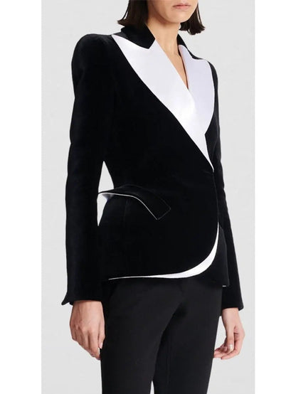 Black and White Velvet Structured Tuxedo Jacket - Jackets