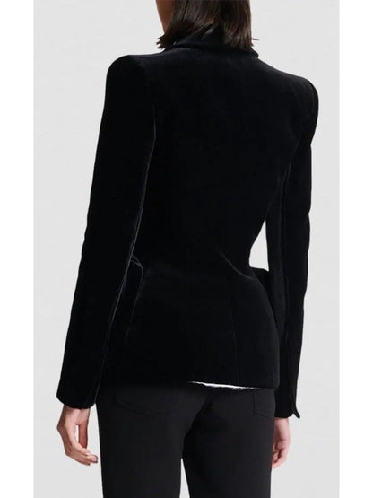 Black and White Velvet Structured Tuxedo Jacket - Jackets