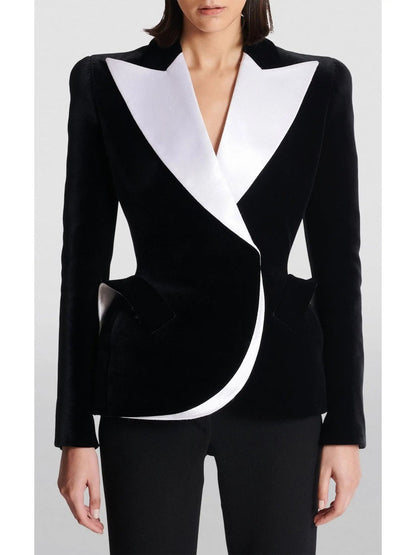 Black and White Velvet Structured Tuxedo Jacket - Jackets