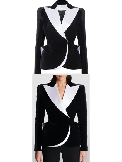 Black and White Velvet Structured Tuxedo Jacket - Jackets