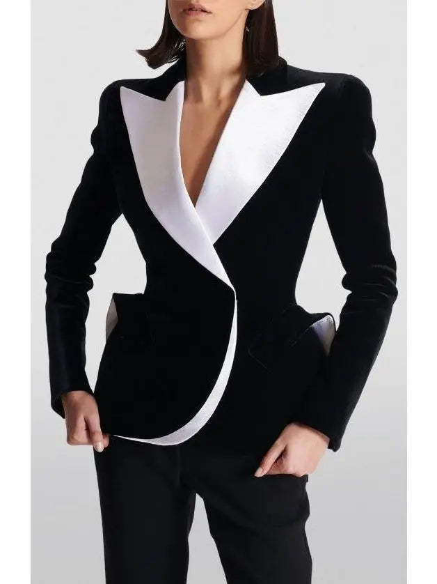 Black and White Velvet Structured Tuxedo Jacket - Jackets