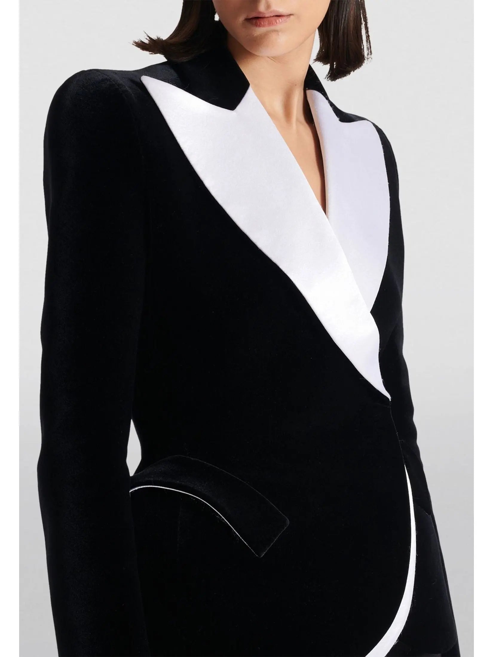 Black and White Velvet Structured Tuxedo Jacket - Jackets