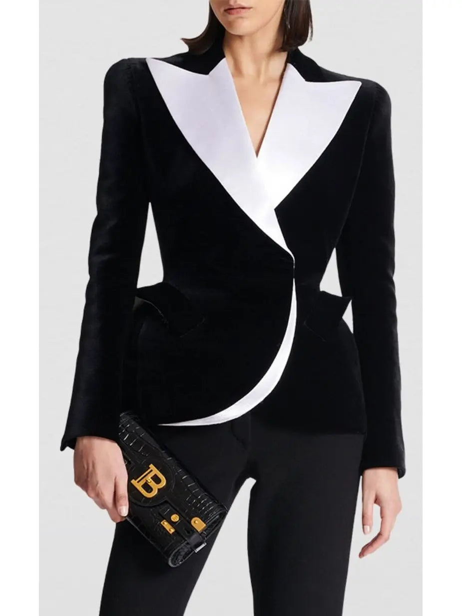 Black and White Velvet Structured Tuxedo Jacket - Jackets