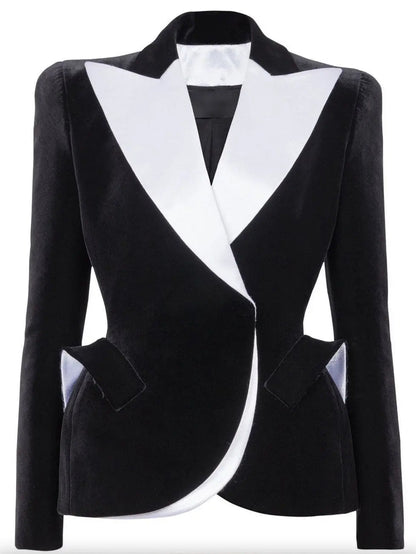 Black and White Velvet Structured Tuxedo Jacket - Jackets