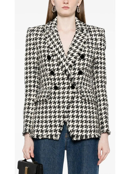 Black and White Wool-Blend Double-Breasted Houndstooth Blazer - Jackets