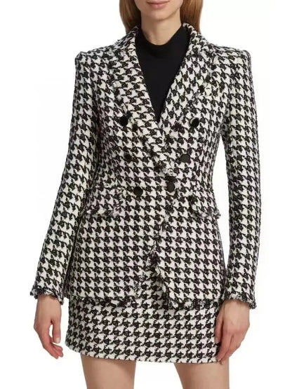 Black and White Wool-Blend Double-Breasted Houndstooth Blazer - Jackets