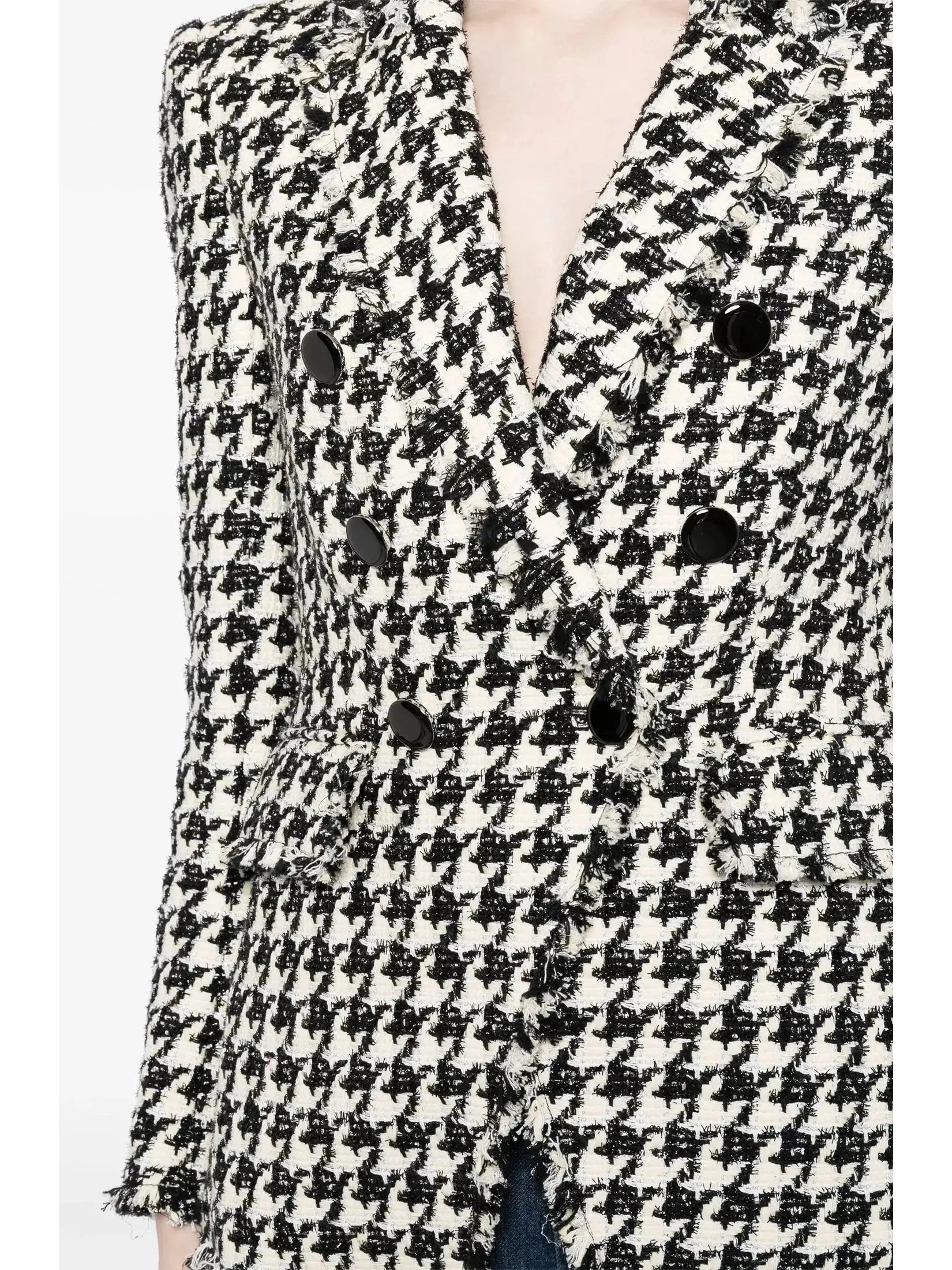 Black and White Wool-Blend Double-Breasted Houndstooth Blazer - Jackets