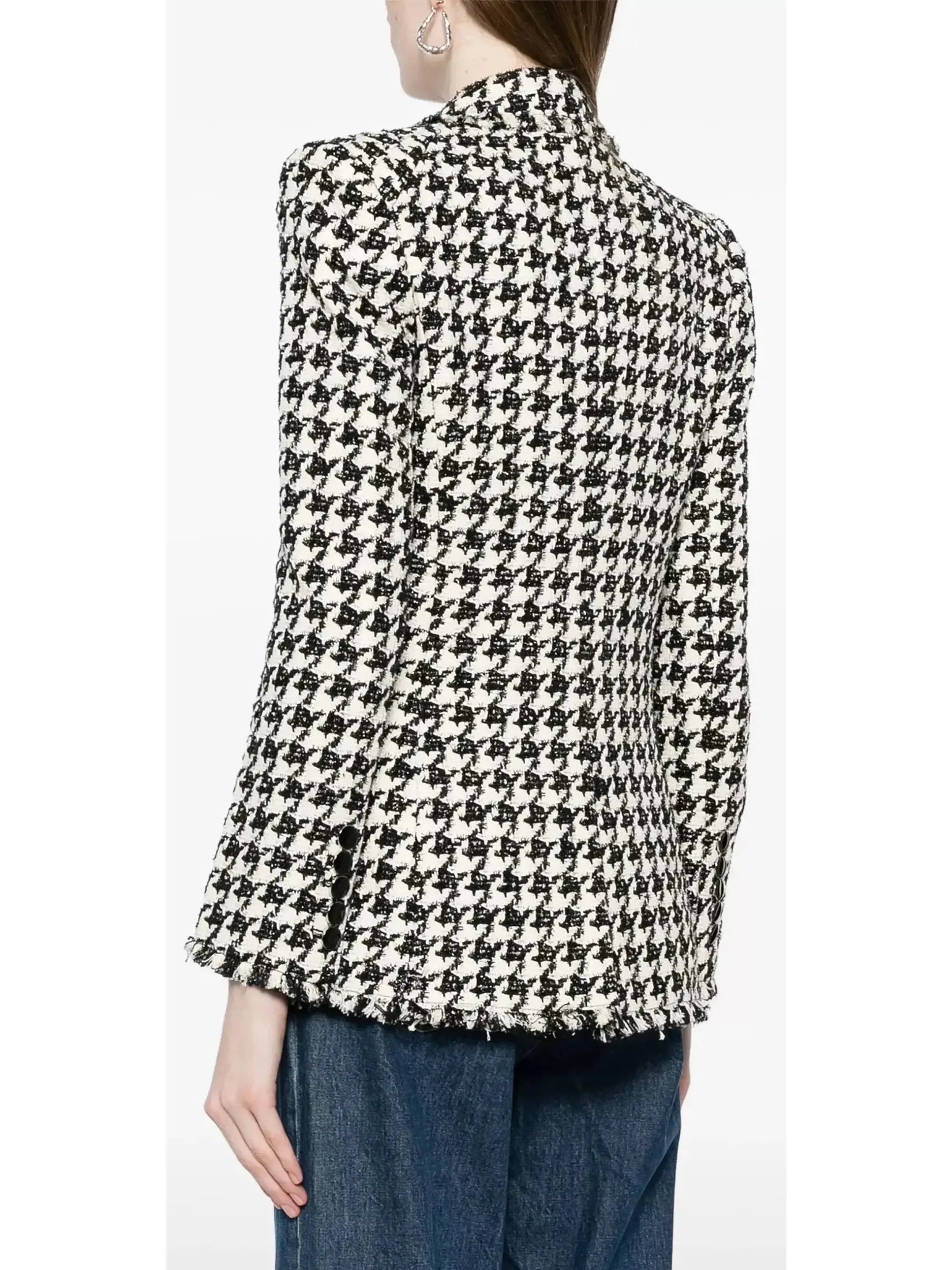 Black and White Wool-Blend Double-Breasted Houndstooth Blazer - Jackets