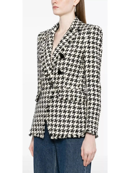 Black and White Wool-Blend Double-Breasted Houndstooth Blazer - Jackets