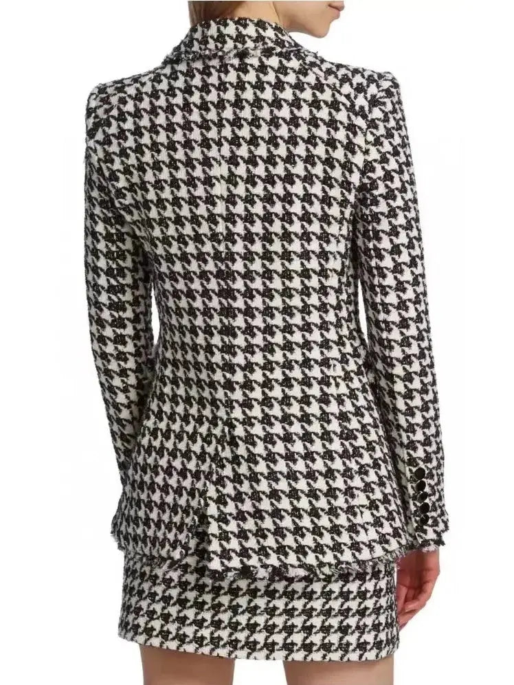 Black and White Wool-Blend Double-Breasted Houndstooth Blazer - Jackets